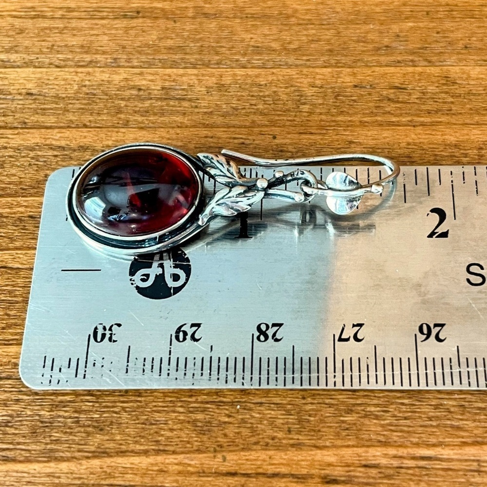 Antique Arts & Crafts Period Silver & Baltic Amber Cabochon Drop Earrings - Picture 7 of 7